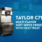 A collage of two images, one closeup and one full size featuring the Taylor model C716. Text overlay reads "Taylor C716 Multi-flavor soft serve freezer with heat treat."