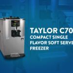 A collage of two images, one closeup and one full size featuring the Taylor model C707. Text overlay reads "Taylor C707 Compact single flavor soft serve freezer."