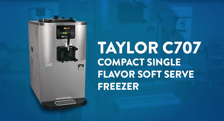 A collage of two images, one closeup and one full size featuring the Taylor model C707. Text overlay reads "Taylor C707 Compact single flavor soft serve freezer."