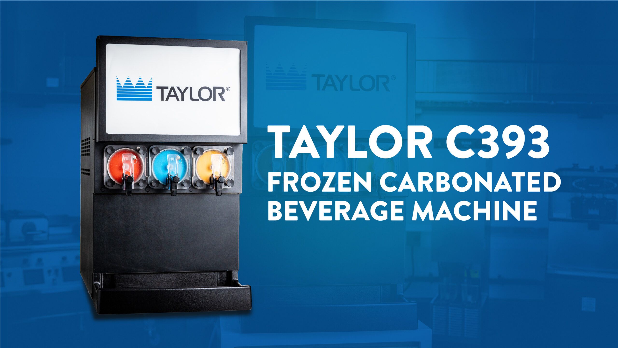 A collage of two images, one closeup and one full size featuring the Taylor model C393. Text overlay reads "Taylor C393 Frozen Carbonated Beverage Machine."