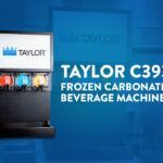 A collage of two images, one closeup and one full size featuring the Taylor model C393. Text overlay reads "Taylor C393 Frozen Carbonated Beverage Machine."