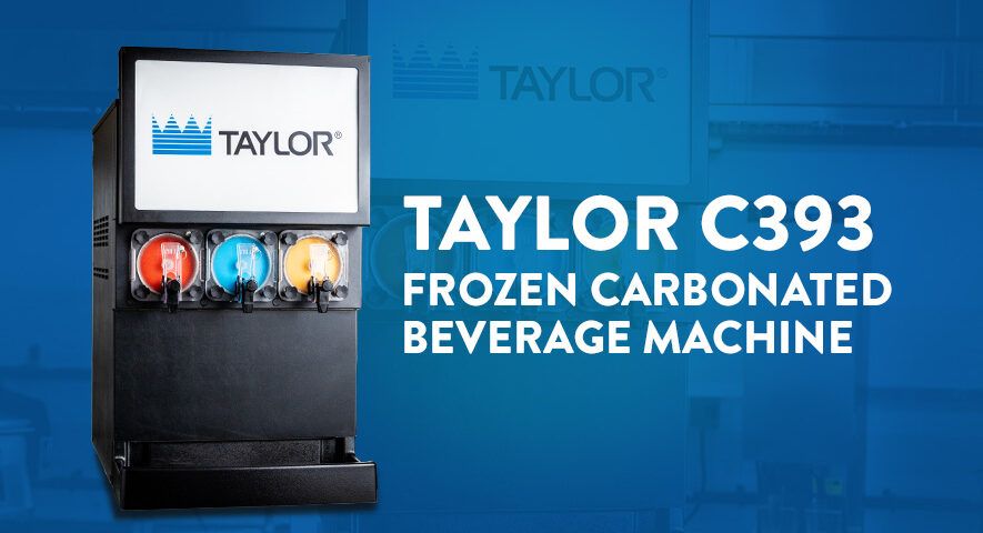A collage of two images, one closeup and one full size featuring the Taylor model C393. Text overlay reads "Taylor C393 Frozen Carbonated Beverage Machine."