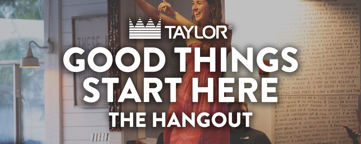 The background is a smiling woman in a red flower dress with both hands pointing upwards. Text in the foreground reads "Taylor. Good things start here. The hangout."