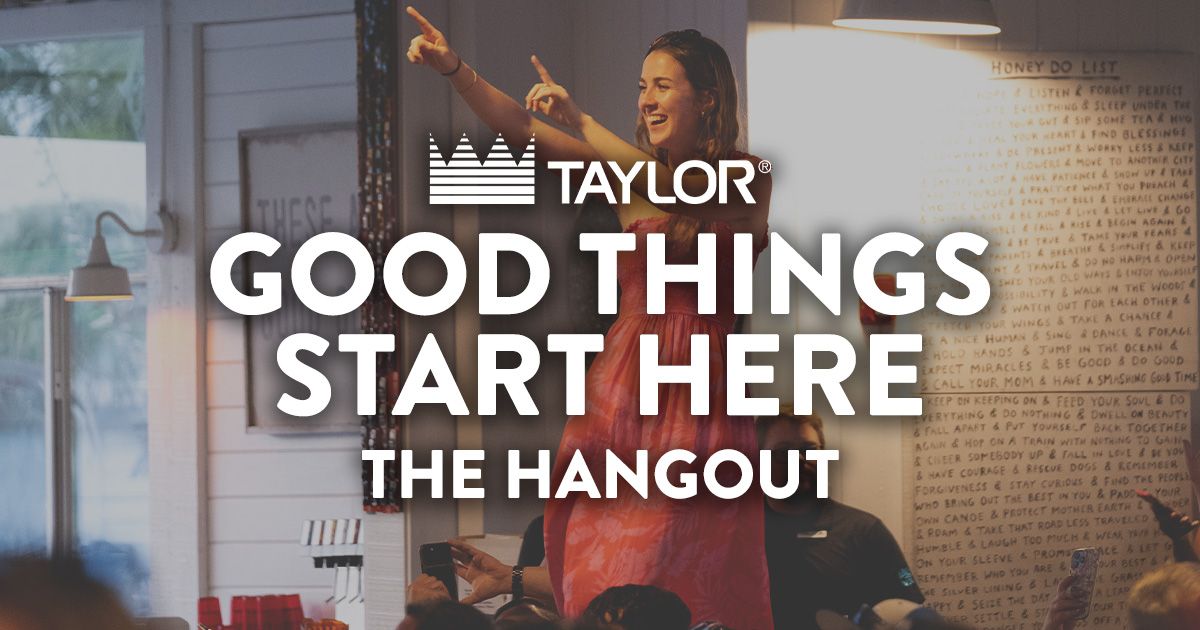 The background is a smiling woman in a red flower dress with both hands pointing upwards. Text in the foreground reads "Taylor. Good things start here. The hangout."